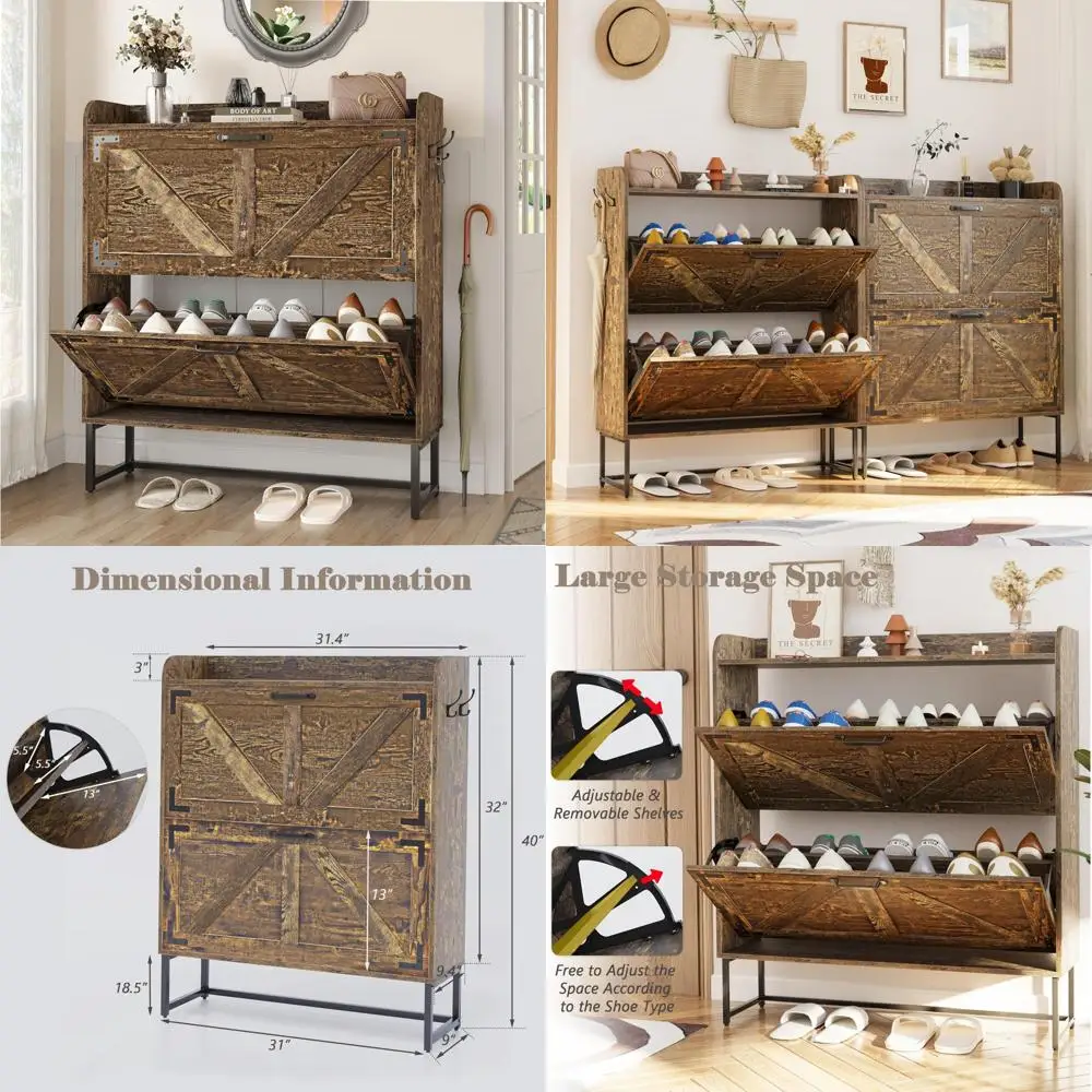 

Farmhouse Style Rustic Brown Wooden Shoe Storage Cabinet with 4 Legs, Freestanding Shoe Rack for 31.5 Wide Organization