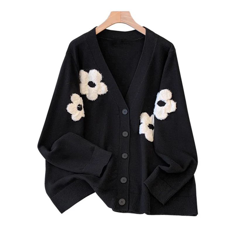 Plus Size Women\'s Bust 150 Autumn Winter Loose Contrasting Black And White Floral V-Neck Knit Cardigan 5XL 6XL 7XL 8XL 9XL 135kg