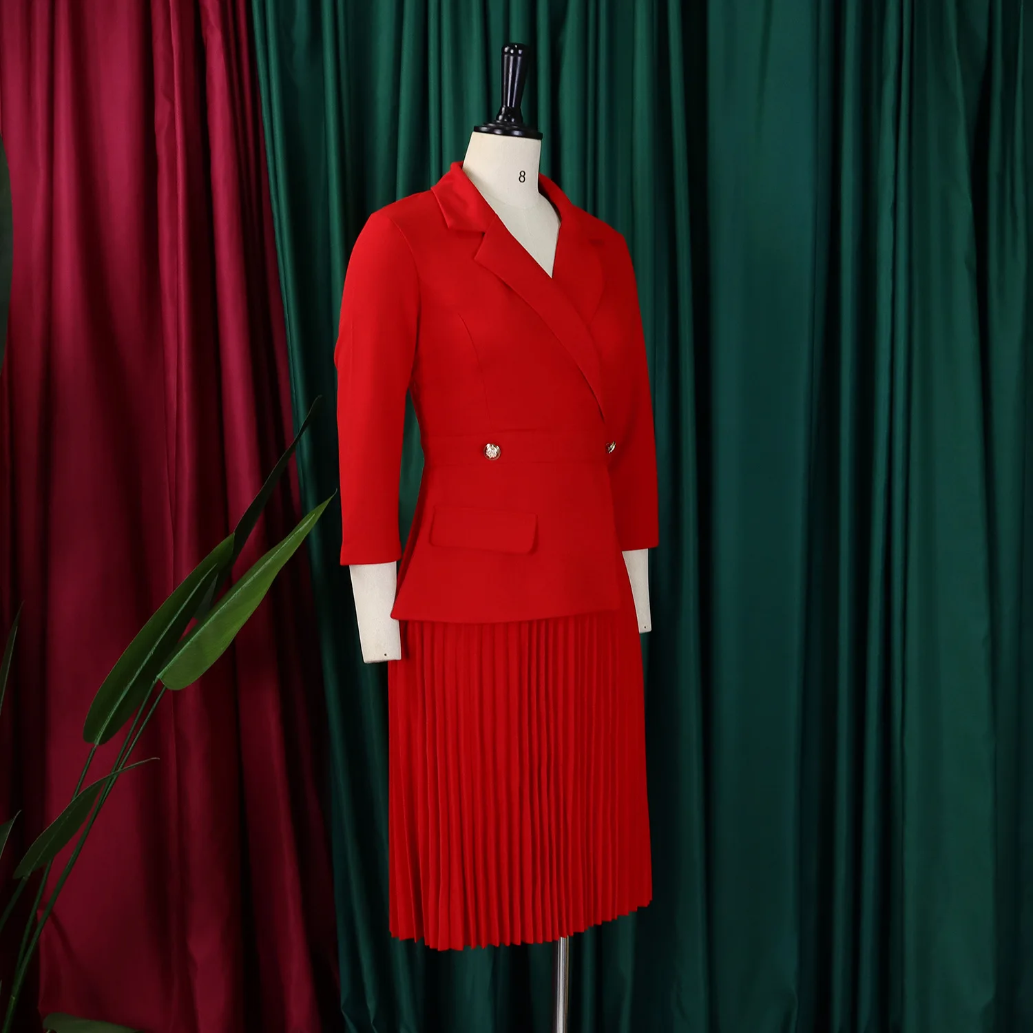 Autumn Fashion Light Mature Temperament High Quality Pleated Dress with Suit Collar A-Line Skirt Solid Color