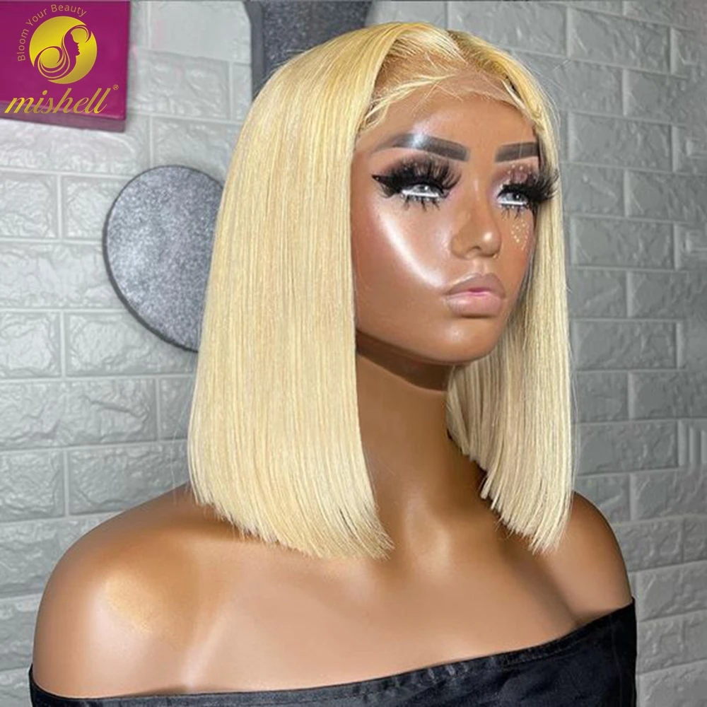 

Short Straight 613 Honey Blonde Bob Wig 13x4 Lace Frontal Human Hair Wigs for Women PrePluck Brazilian Remy Hair 180% Density