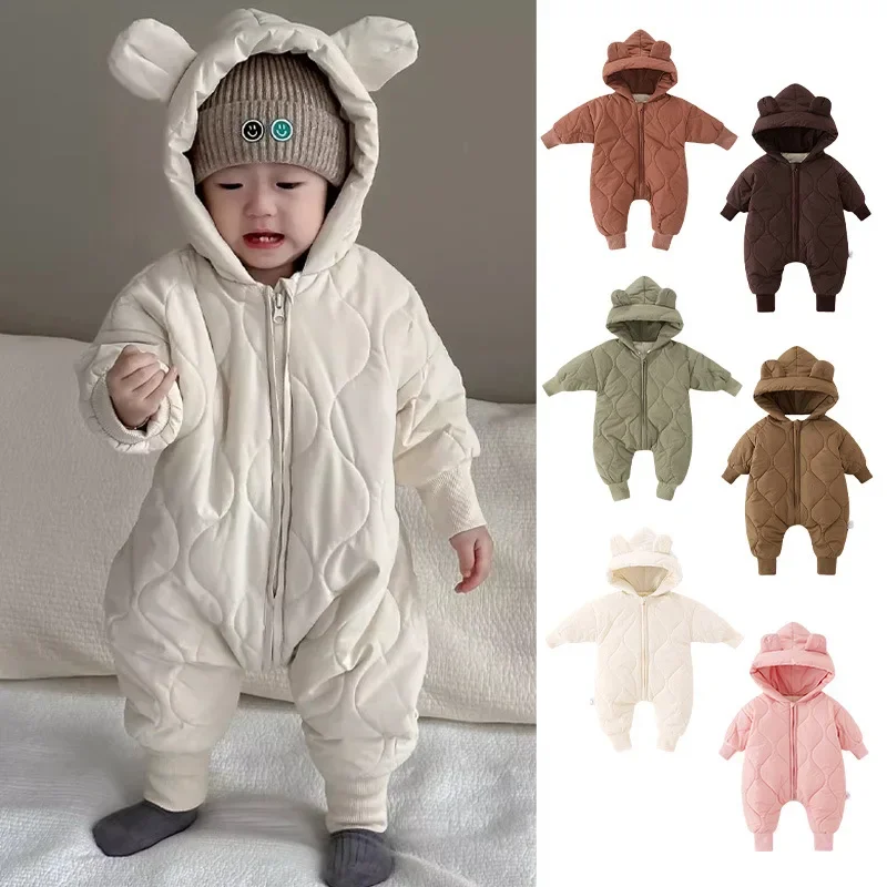 

Winter Baby Cotton-Padded Romper Cartoon Animal Ear Hooded Jumpsuit Zipper Solid Color Infant Onesie for 0-3Y Children