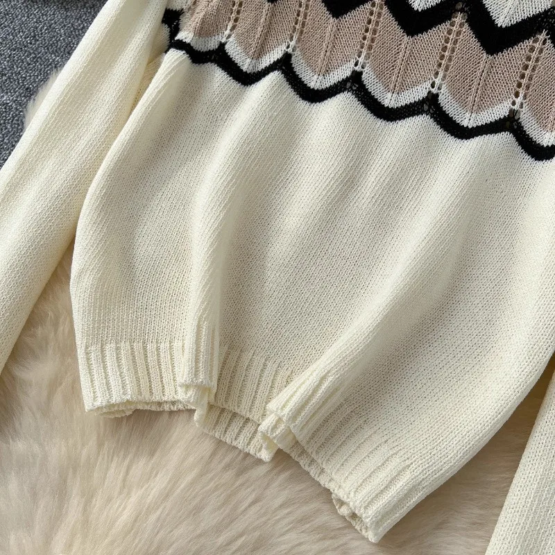 Korea Fashion Vintage Contrast Wavy O-neck Long Sleeve Knitted Sweater Tops High Waist Slim Skirt Women Two-piece Sets Autumn image 6