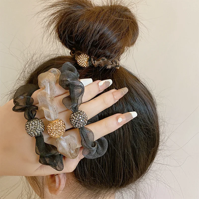 2 buah mode berkilau bola kristal jaring kurus elastis karet gelang warna Solid hitam ikat rambut Scrunchies ikat rambut tali untuk wanita