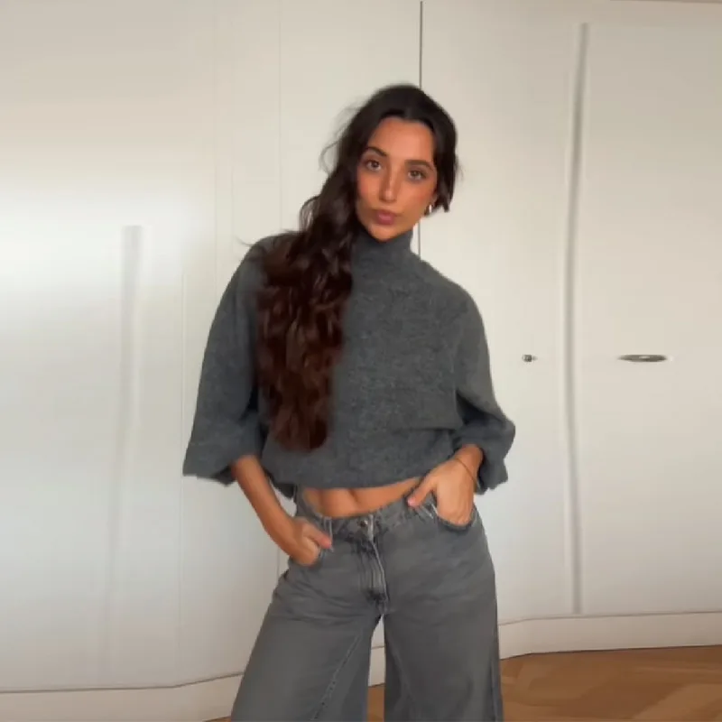 

Autumn Winter Grey Knitted Pullover For Women High Neck Cape Sweater Long Sleeve Loose Shawl Knitted Top 2026 New Lady Outwears