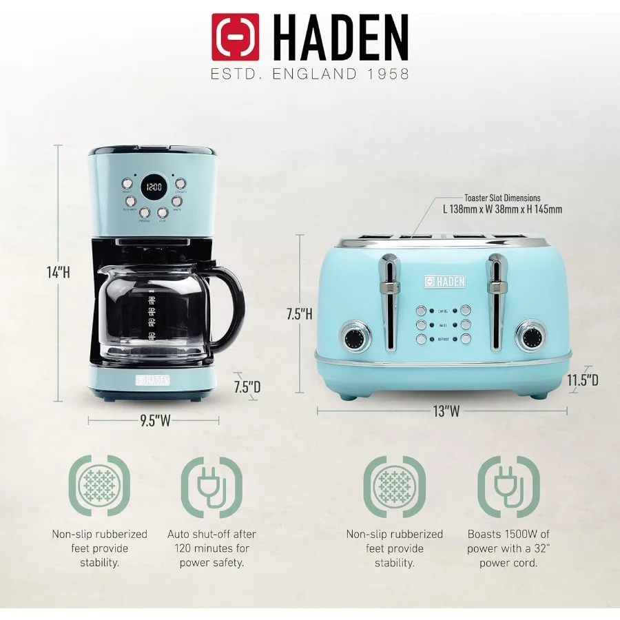 ماكينة صنع القهوة بالتنقيط القابلة للبرمجة سعة 12 كوبًا مع محمصة خبز متكاملة من الفولاذ المقاوم للصدأ بفتحة واسعة من الفولاذ المقاوم للصدأ باللون الفيروزي والكروم #3