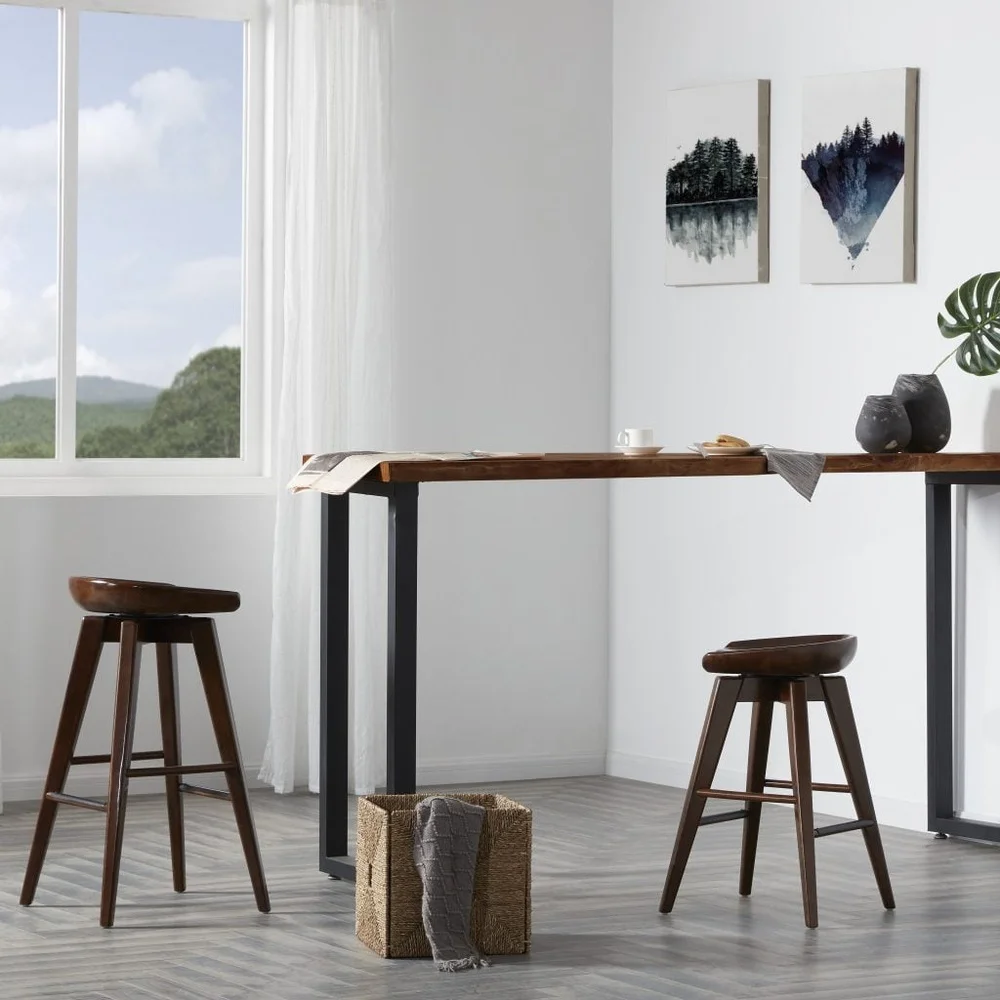 Contemporary Backless Swivel Stool Solid Hardwood Counter Bar Height 360 Degree Swivel Plate Metal Kickplate Dining Kitchen