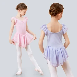 Girls Ballet Leotards Pink Ballet Dress 2 Layers Mesh Dress Ruffle Sleeves Ballet Dance Costumes Cotton Gymnastic Bodysuits