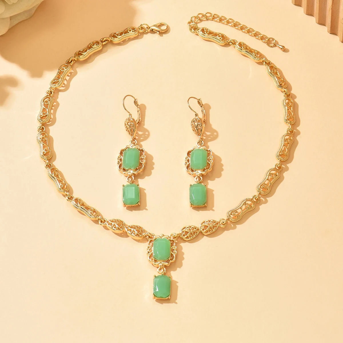 Middle Eastern BrMorocco Style Necklace Earring Set For Women Luxury Arabic Red Green Crystal Square Pendant Neck Bridal Jewelry