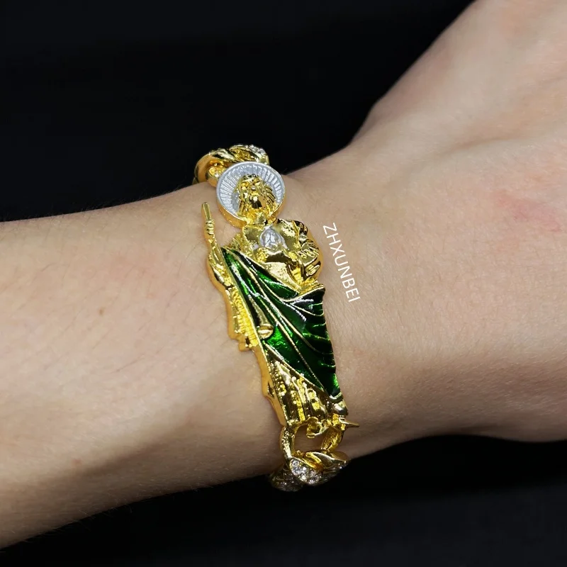 1pc Religious Bracelet Men Golden Full Rhinestone Pulsera Gold Plated Mexico San Judas Tadeo Bracelet