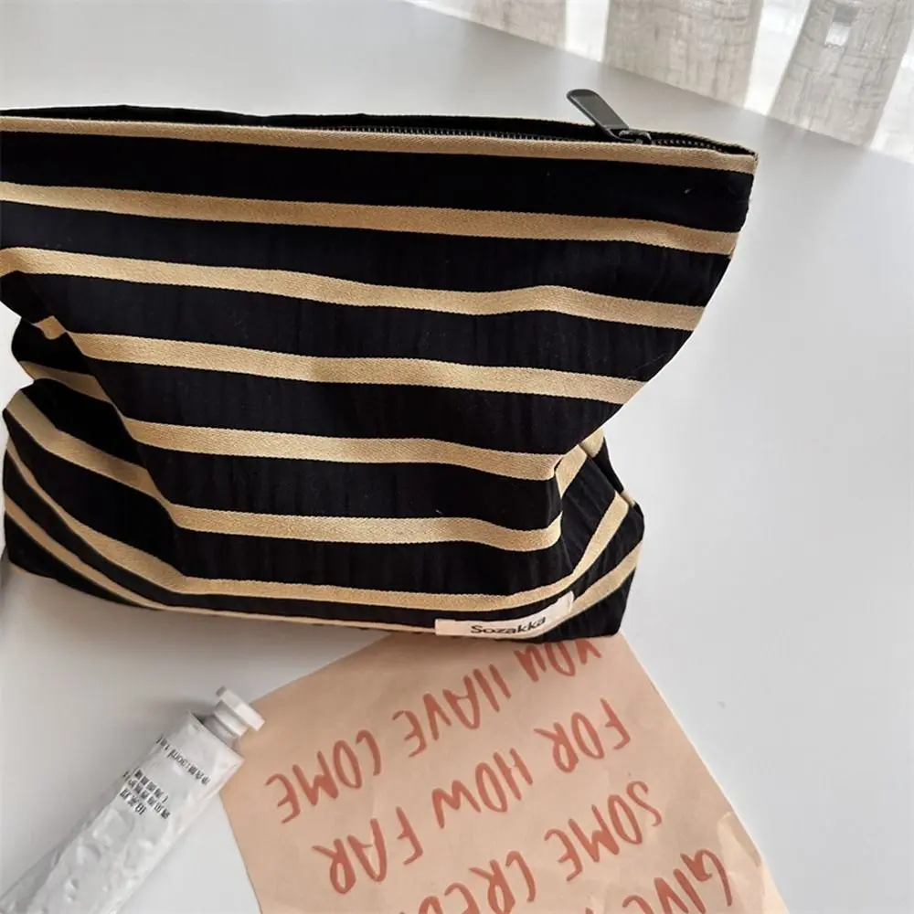 Large Capacity Stripe Makeup Bag Casual Canvas Lipstick Bag Cosmetic Bag Toiletry Organizer Storage Bag Student