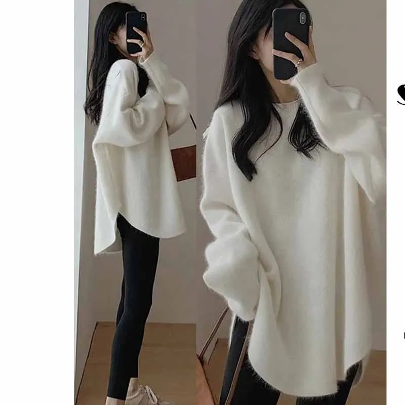 여성용 고급 감각 다용도 니트 베이스 셔츠, 여성 패션 루즈핏 단색 풀오버 스웨터 상의, 가을 겨울
