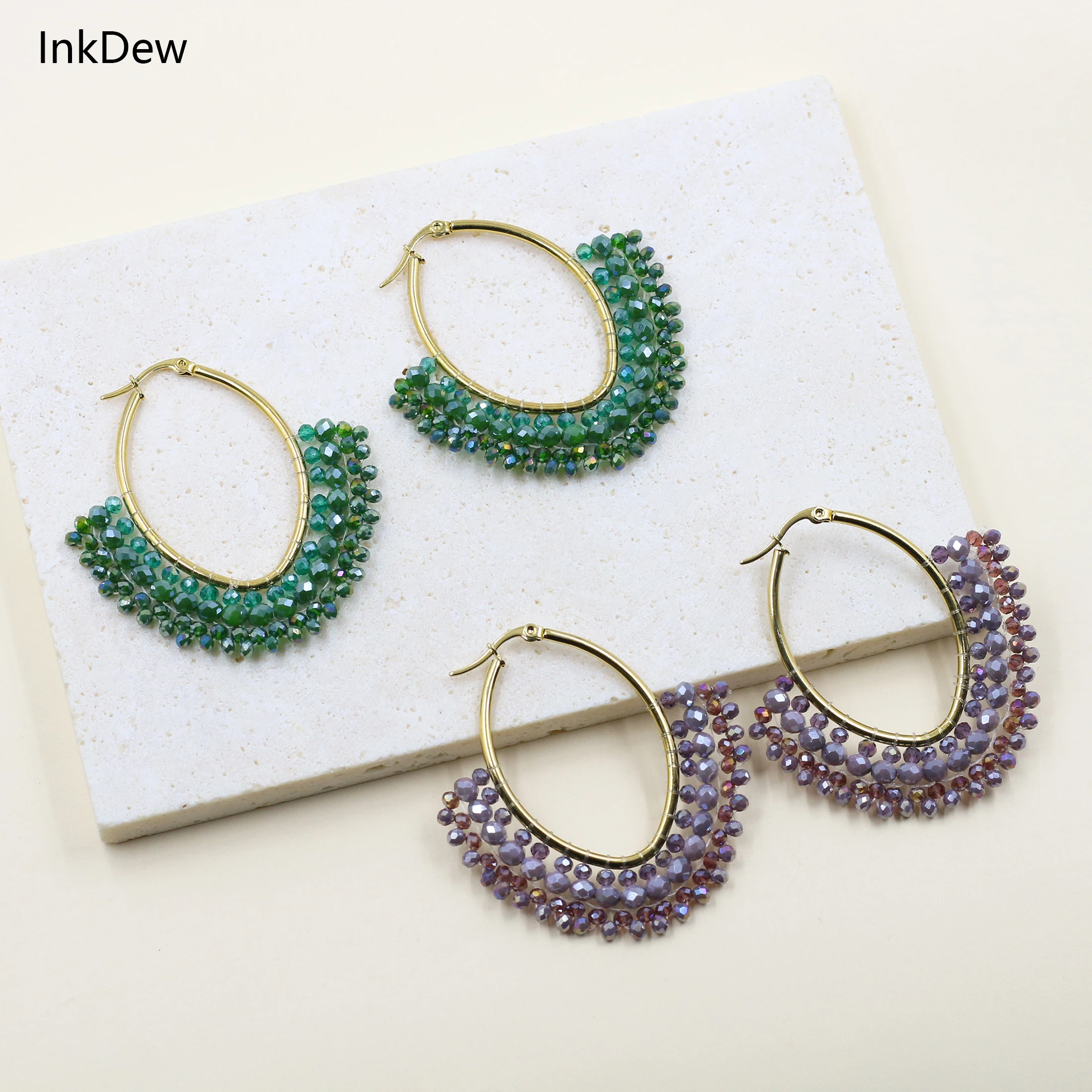 INKDEW Fan Shape Oval Drop Earrings for Women Big Long Earrings Handmade Crystal Beads Earrings Jewelry Fashion Gift boho EA105