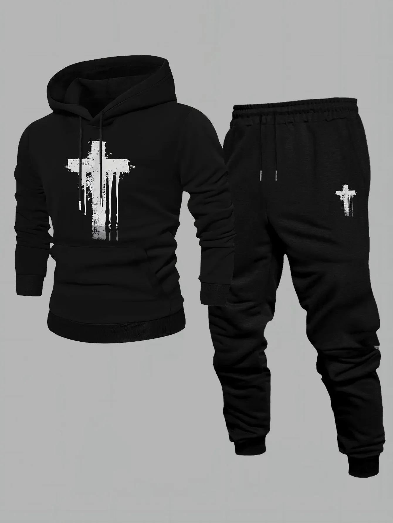 2026 Crucifix Printed Sportswear Set Men's Hooded Sweatshirt Long Pants Set Spring and Autumn Winter Warm Suit