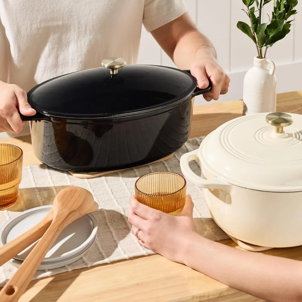 

7.5 Quart Enamel Cast-Iron Dutch Oven, Heavy-Duty Pre-Seasoned for Baking, Cooking w/Side Handles – Black Licorice