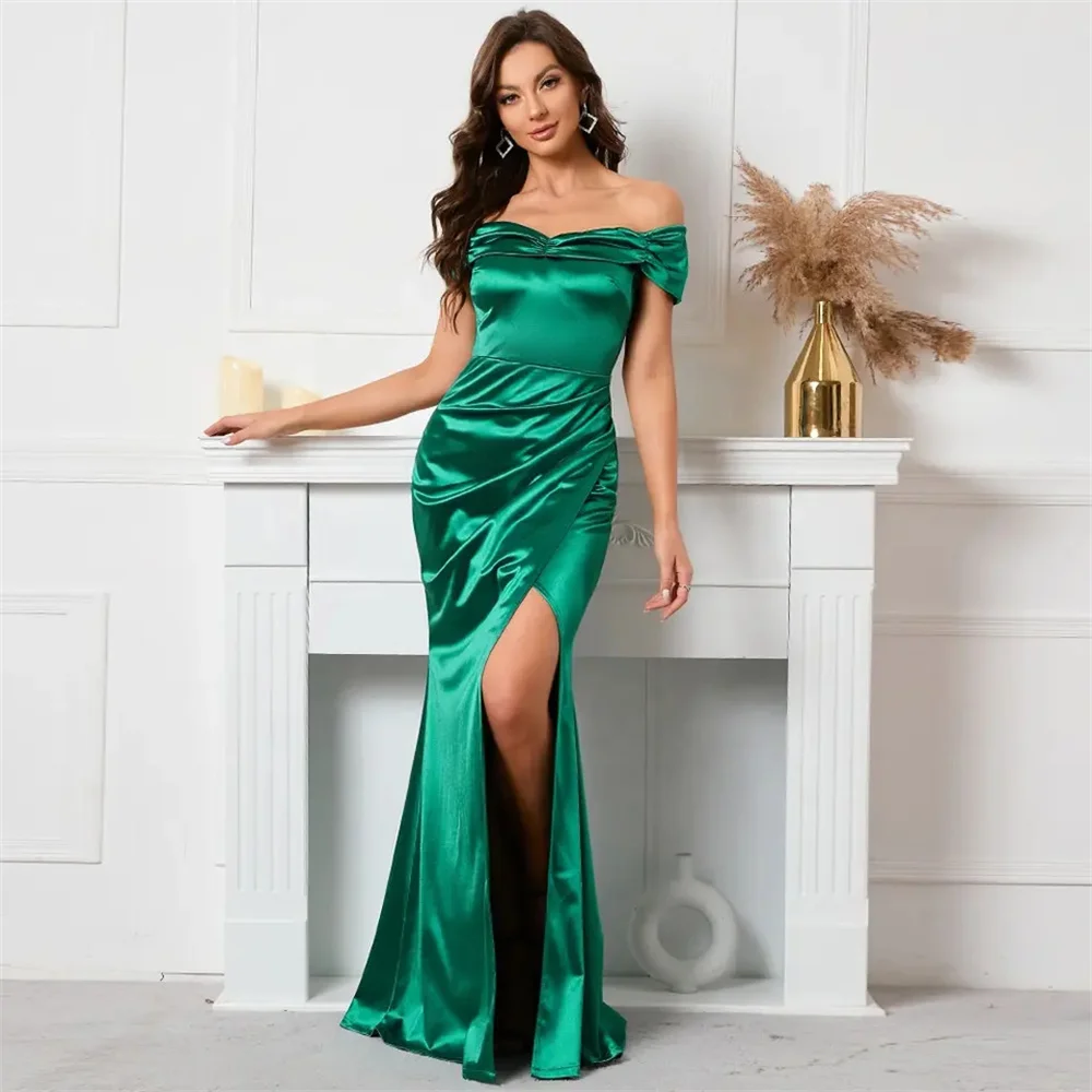 

Mermaid Trumpet Sparkle Shine High Split Prom Formal Evening Dress Off-The-Shoulder Sleeveless Court Train Silk Satin with Slit