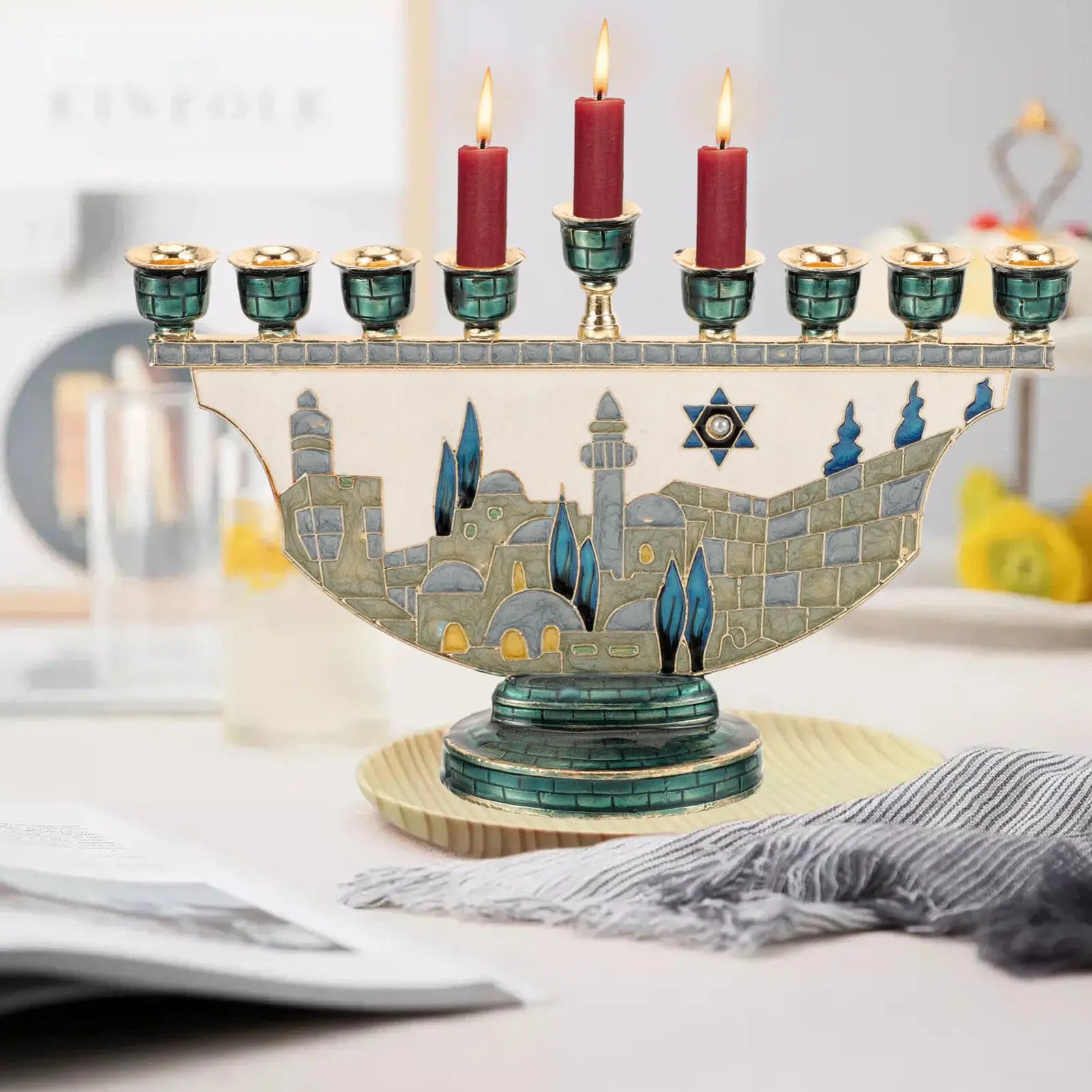 Jerusalem Menorah Hanukkah Candle Holder 9 Branch Enamel Judaica Chanukah Candelabra Star of David Home Religion Gift Decor view 5
