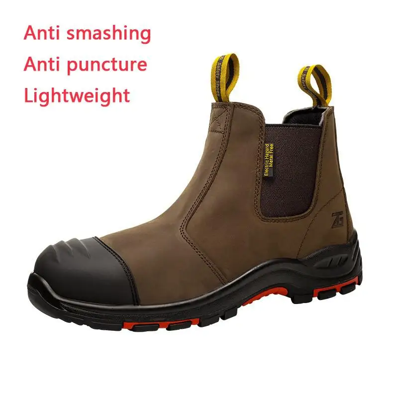 Luxury High-top Men's Safety Shoes Cowhide Boots Lace Free Steel Toe Anti Impact Anti Puncture Wear Resistant Plus Size Shoes image 3