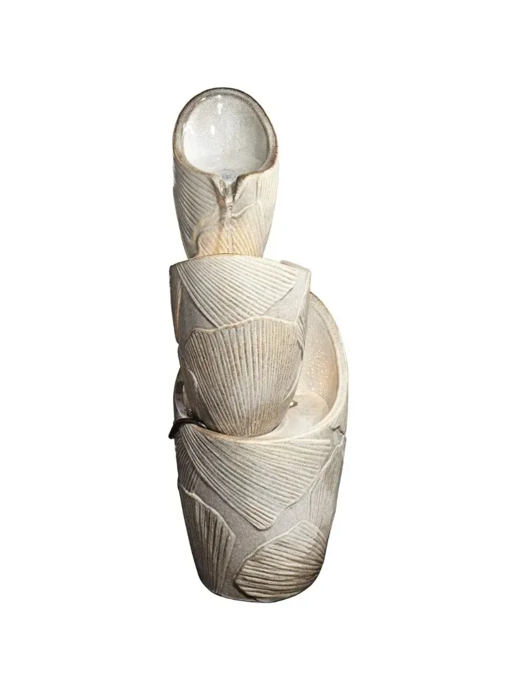 

Three cylinder indoor and outdoor floor standing fountain with leaves, equipped with LED lights, 30 inch resin cylinder