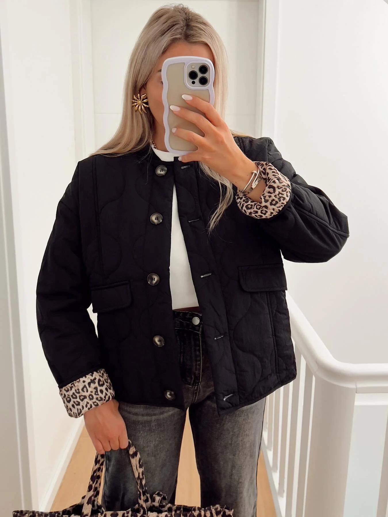 Winter Jackets For Woman Long Sleeve Leopard Print Button Up Padded Coat Quilted Jackets Women Black Parkas Warm Outerwears