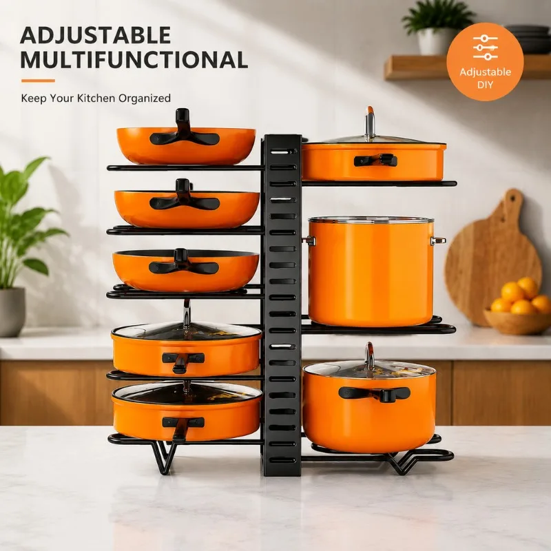 Space‑Saving 8‑Tier Adjustable Pot Rack Organizer Durable Metal Holder for Pots Pans Lids Kitchen Countertop Cookware Storage