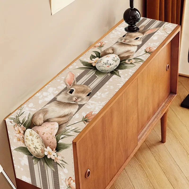 1 Stück Oster-Frühlings-Blumen-Häschen Leinen-Tischläufer - 2D-Druck, Weicher Neutraler Tischläufer für Küche & Wohnzimmer Dekoration, Ideal