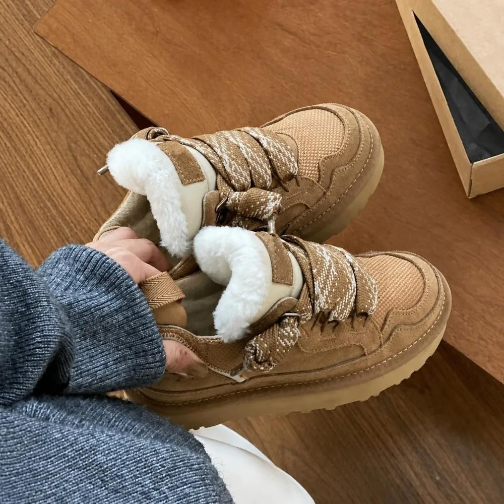 EVA-Sohle, dicke Damen-Freizeitschuhe aus Baumwolle, mit Wollfutter, zum Schutz vor Kälte, Schneestiefel, wärmend, runde Zehenpartie, Schnürung, Plateausohle, Freizeitschuhe. – Detail 2