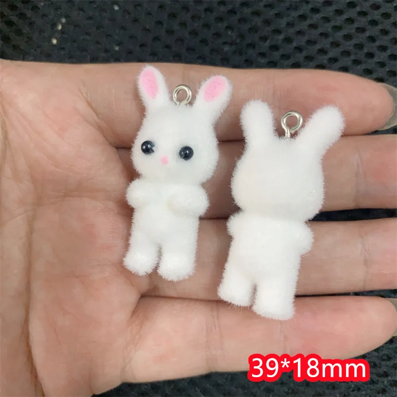 New arrived 30pcs/lot color flocking animals cartoon rabbits shape resin beads with hanger diy jewelry pendant accessory