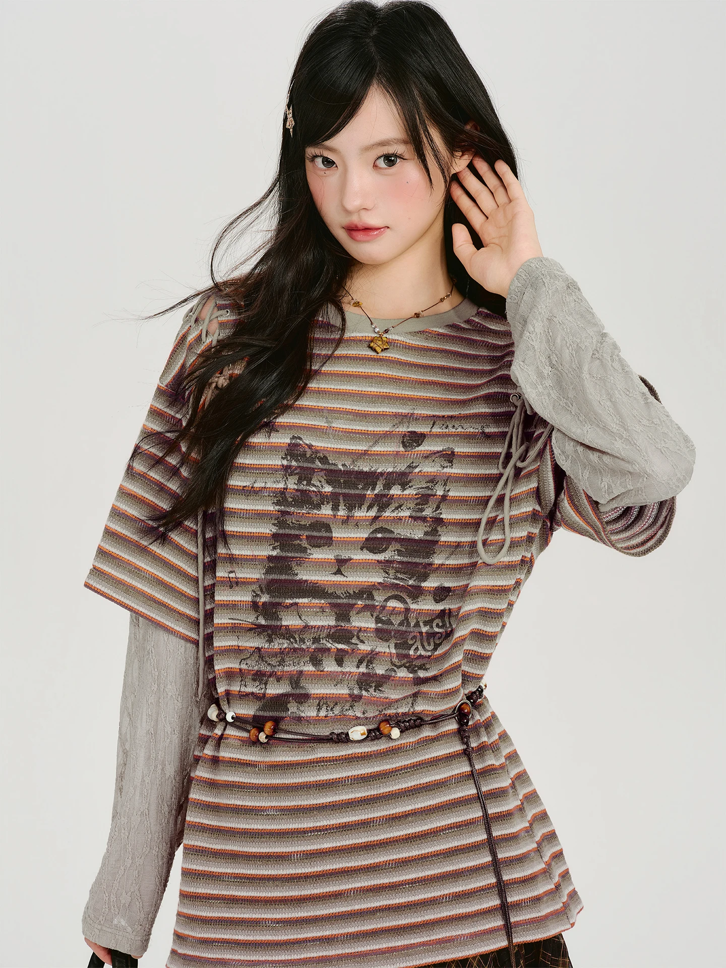 

American Retro Striped Fake Two-Piece Long Sleeve T-Shirt Loose Top with Belt Design Summer New Style Casual Loose Fit Ladies...