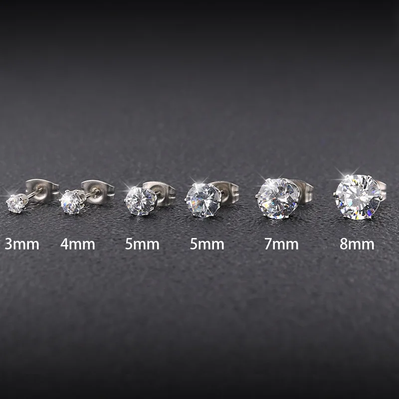 Biref Style Stainless Steel Push Back Men Women Stud Earrings With Color Zircons From 2mm To 8mm For Choose Brief Style