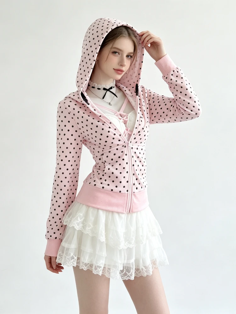 Women's Y2K Pink Polka Dot Zip up Hoodie Long Sleeve Slim Fit Cropped Jacket Kawaii Sweet Streetwear Hooded Cardigan Top