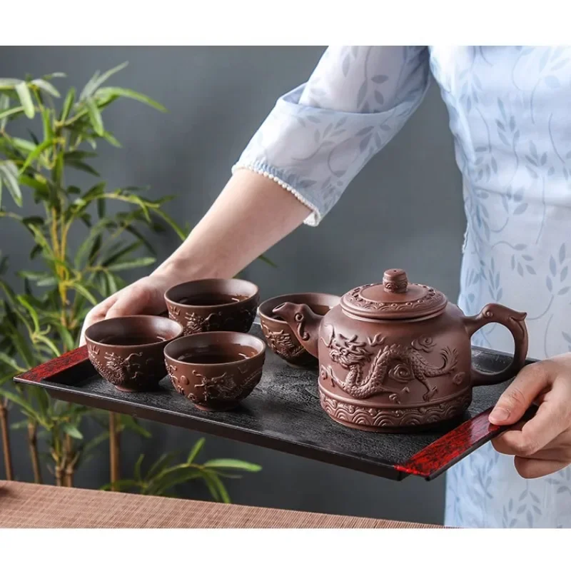 Large Capacity Handmade Dragon Phoenix Tea Pot Household Large Kung Fu Tea Set 600ml Yixing Purple Sand Ceramic Tea Pot