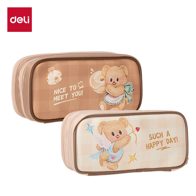 Deli HY703 Back to School Cute Bear Pencil Case Adorable Healing Large Capacity Double Layer Multi-purpose School Pencil Bag