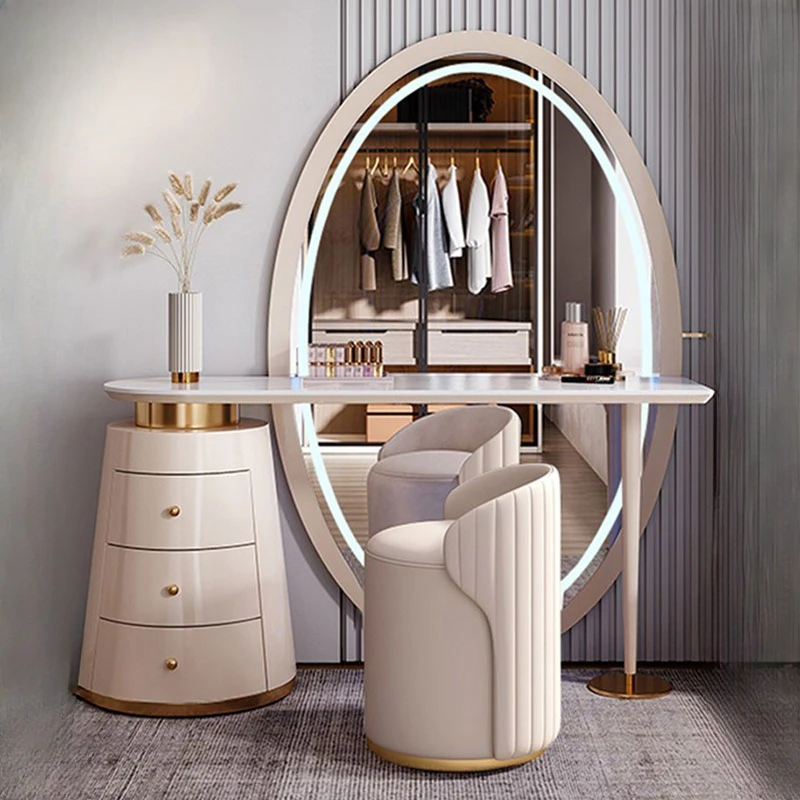 

Aesthetic Storage Dresser Luxury Desing Led Light Mirror Kawaii Dressing Table Aesthetic Women Comoda Pra Quarto Salon Furniture