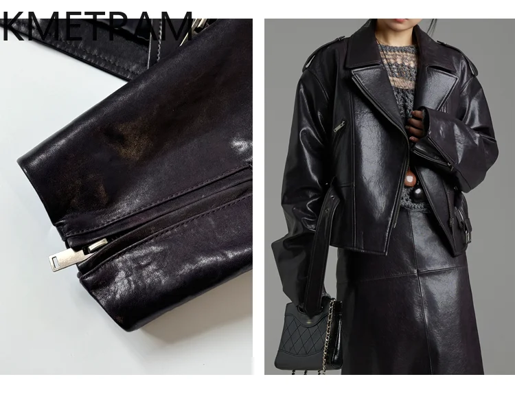 KMETRAM 100% cera d'olio giacca di pelle di pecora donna corta moto giacche in vera pelle donna autunno abbigliamento donna 2025 дубл onderка