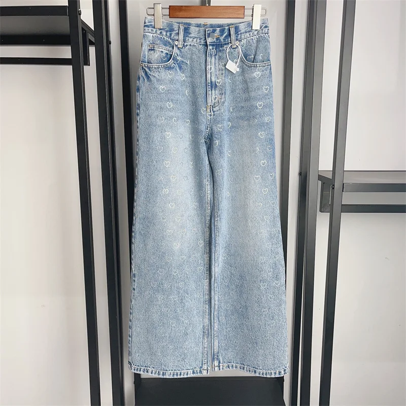 

Women's Jeans Heart-shaped Rhinestone Decoration Casual All-match 2024 New High Waist Wide leg Denim Pants