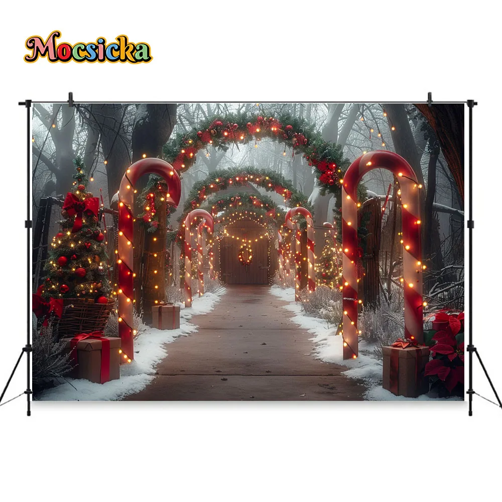 Mocsicka Christmas Photography Background Candy Cane Fairy Town Xmas Tree Light Backdrop Kid Photo Winter Snowy Photozone Studio