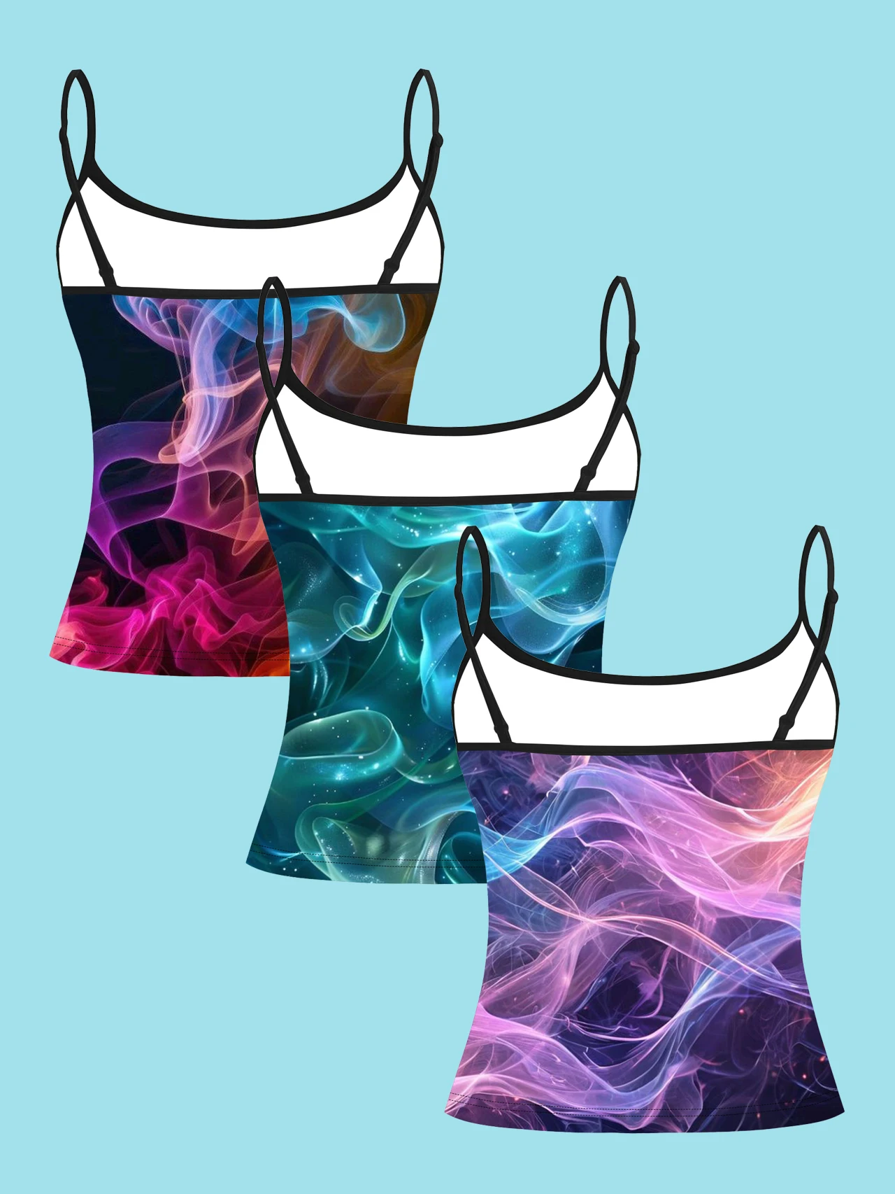 3-Pack of Dreamy Smoke-Effect Silk Print Camisoles for Women, Dark Base with Pink, Purple, Blue, and Cloud Pattern Particles, Slim-Fit Spaghetti Strap Inner Tops