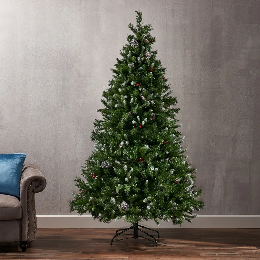 Árvore de Natal artificial do PVC, 7ft, 7ft, com 52 cones fosco do pinho e 26 decorações vermelhas da baga, feriado essencial