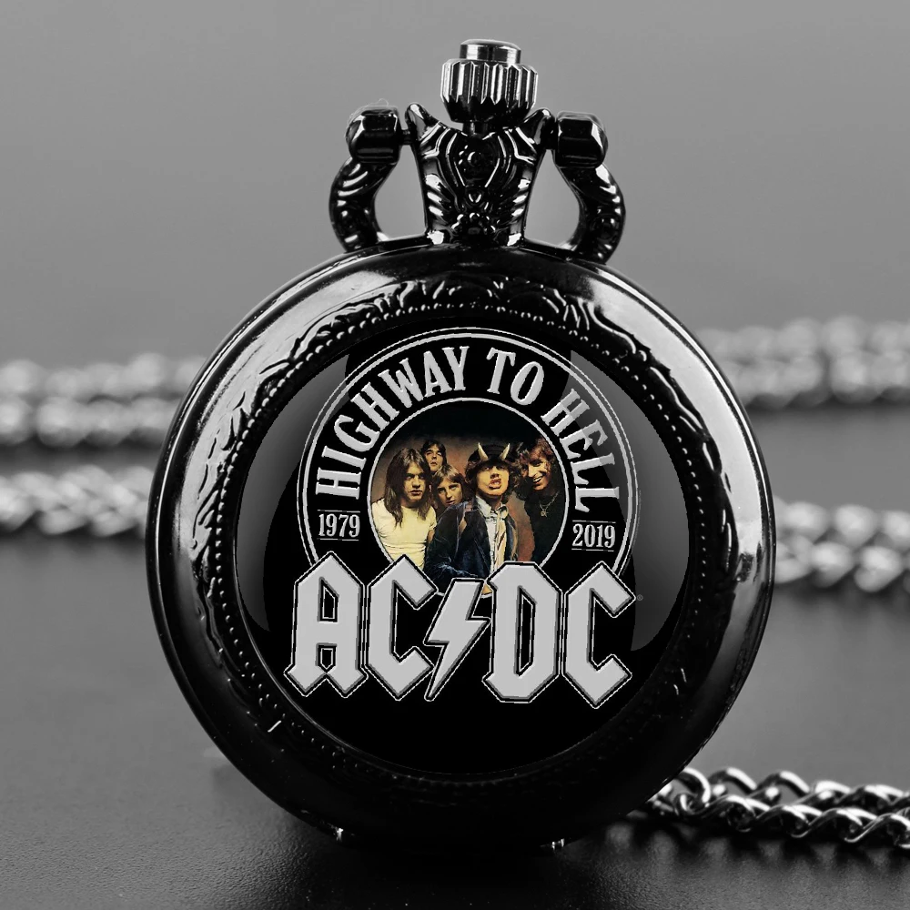 Black Stainless Steel Funny AC and DC Band Design Glass Dome Quartz Pocket Watch Necklace Women Jewelry Pendant Chain Children