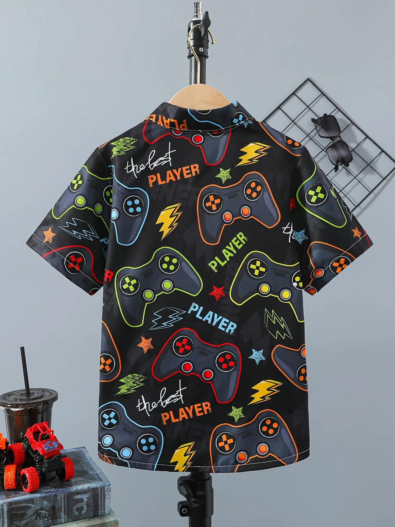 Children's Clothing Boy Gamepad Pattern Trendy Shirt Kids Clothes Casual Short Sleeve Turndown Collar Creative Summer Tops