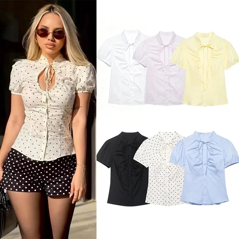

Women's Puff Sleeve Polka Dot Shirt Elegant Solid V Neck Lace Up Single-breasted Slim Blouses Lady Chic Street Party Tops 2026