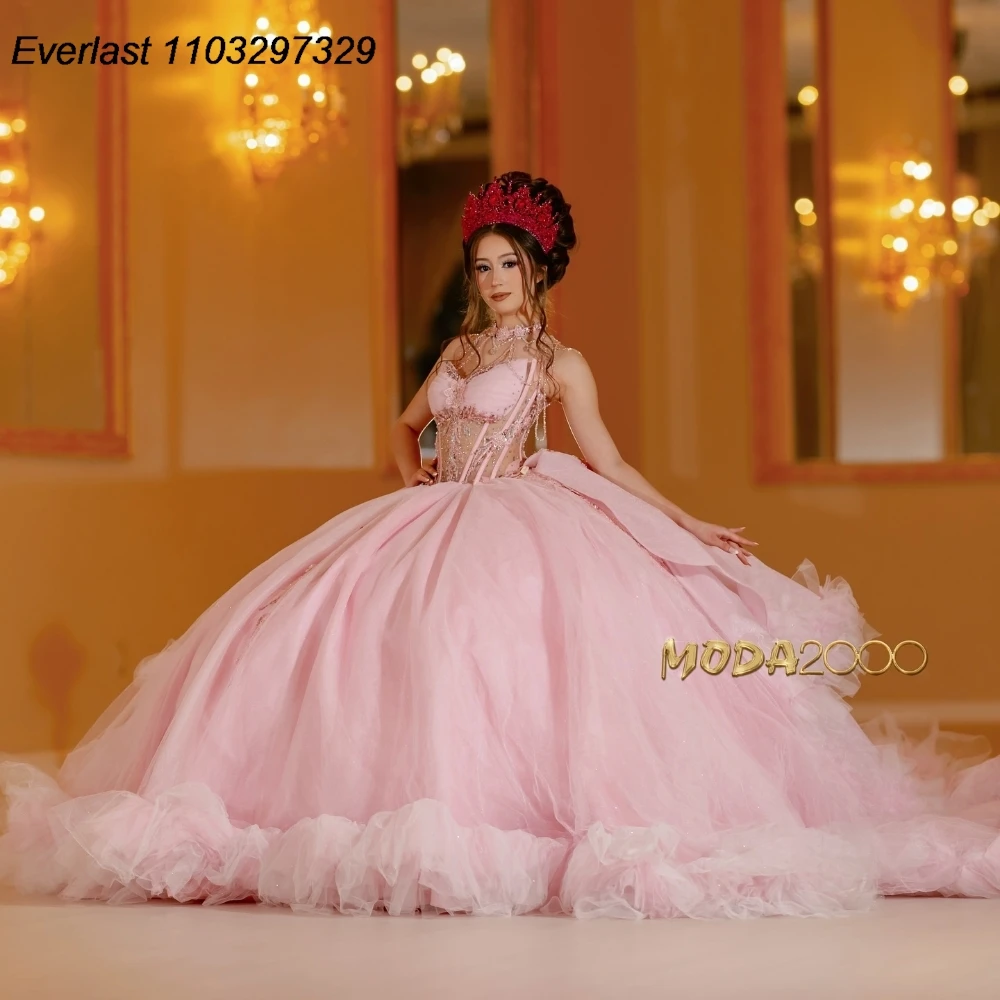 EVLAST Personalizzato Rosa Abito Quinceanera Abito di Sfera 3D Farfalla Applique Fiocco di Perline Messicano Dolce 16 Vestido De 15 Anos QD1085