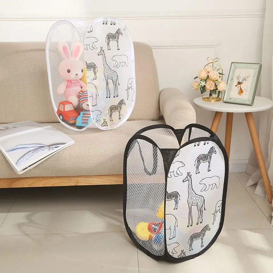 

Baby Cartoon Foldable Dirty Clothes Basket Three Sided Mesh Dirty Clothes Basket Breathable Storage Frame Clothes Storage Basket