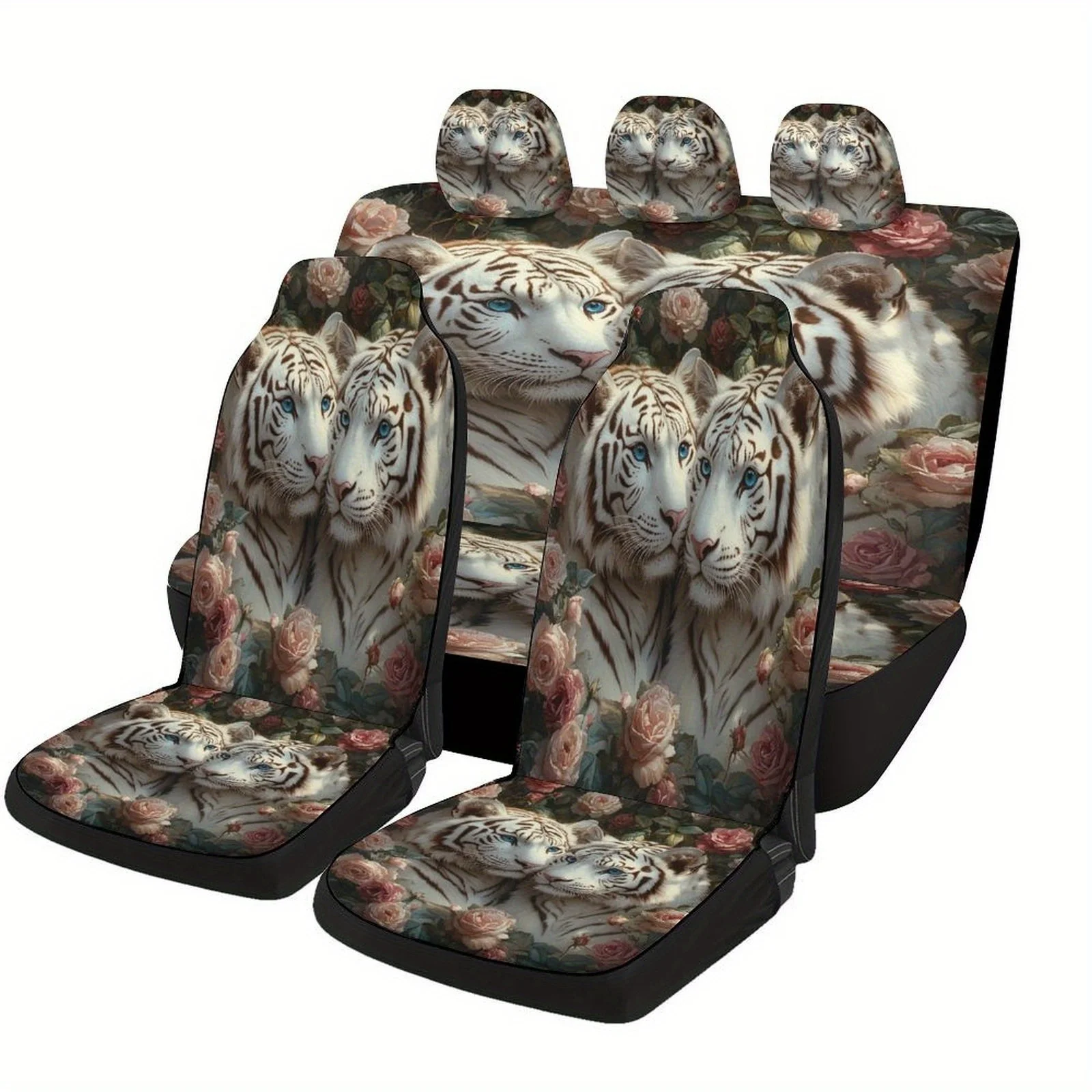 

White Tigers And Roses Themed Car Seat Cover Set For Most Cars, Trendy Novelty Car Seat Protector Covers Full Set, Universal Car