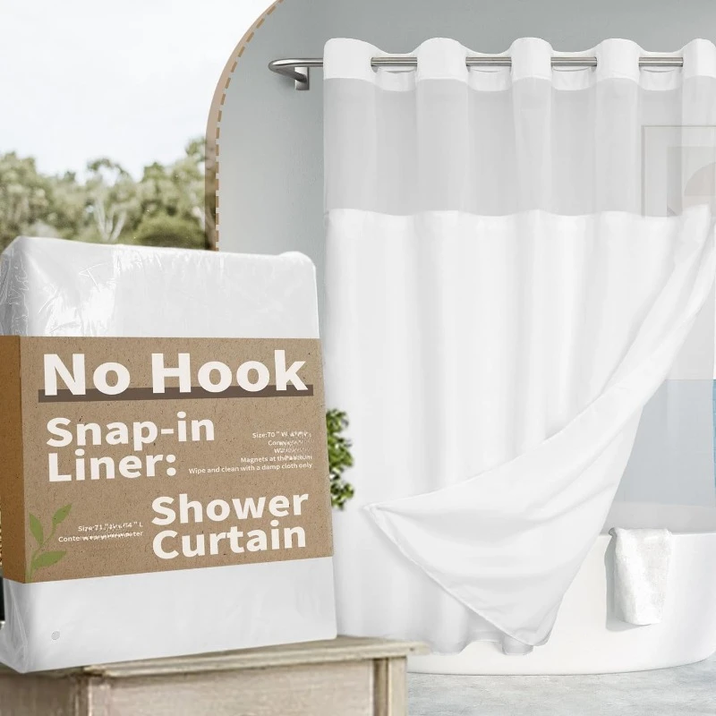 No Hook Slub Textured Shower Curtain with Snap-in Liner Set - Hotel Style, Fabric Outer & Waterproof Inner, White, 71x74