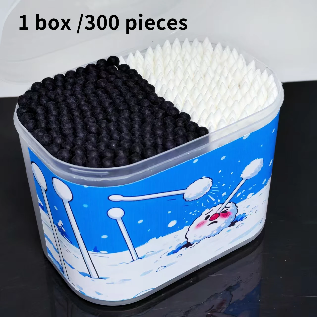 300pcs snowball-patterned box-packed cotton swabs, black and white double-headed, double-color gift cotton swabs