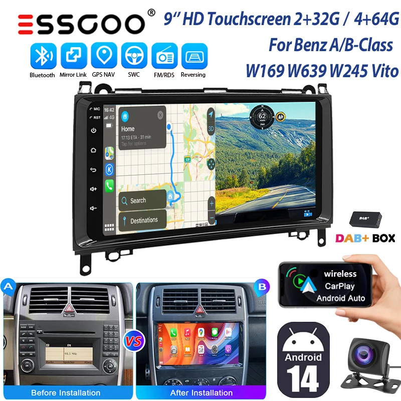 Autoradio 9'' 4+64 Go pour Mercedes-Benz B200, Vito W639, Sprinter, Viano W169 - CarPlay sans fil, Android Auto, GPS, Bluetooth, WiFi, RDS, MirrorLink