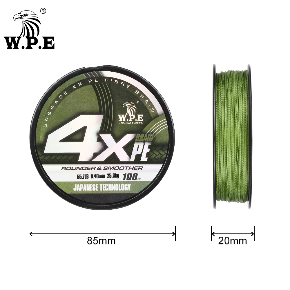 W.p.e 4X เอ็นตกปลาถัก100เมตร0.18-0.50มมสาย PE สีเขียว24lb-76.3lb สายหลักเบสอุปกรณ์เอ็นตกปลาปลาคาร์พ