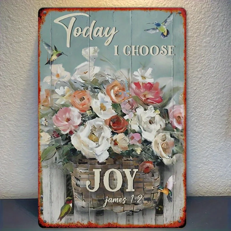 Rustic Tinplate Painting - Vintage Hummingbird & Floral Design with 