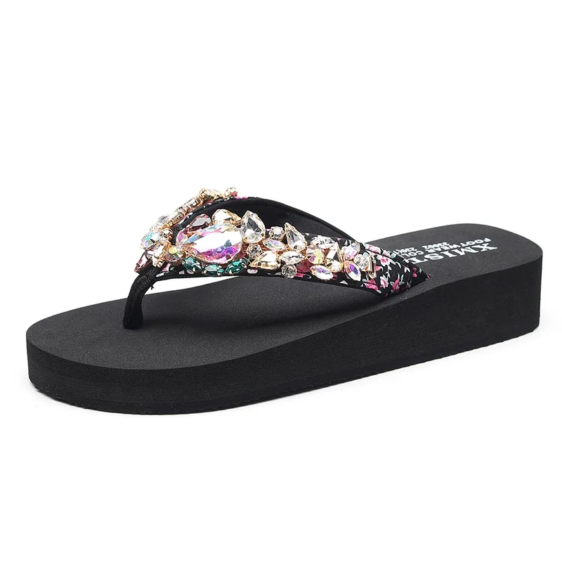 Comemore Women\'s Flat Slippers Luxury Rhinestones Flip Flops Sandals Holidays Beach Shoes Wedge Platform Sandal Women Size 41 42